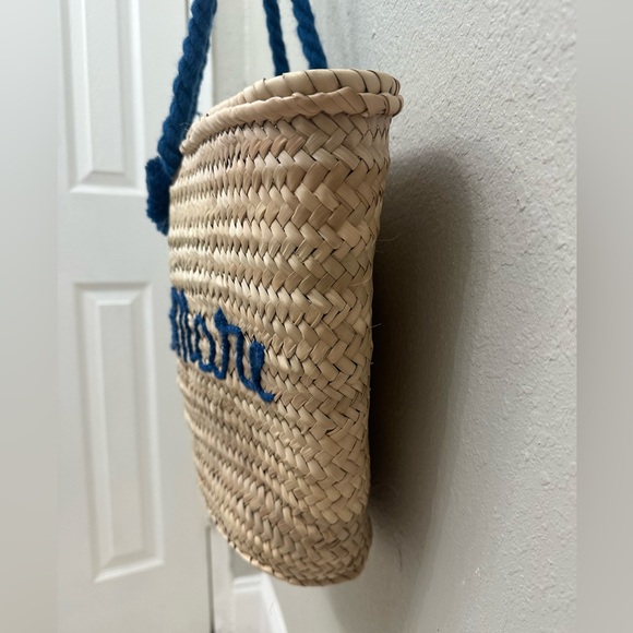 Trendy Straw Woven Beach Bag Vacation Tote with Pom Poms and Miramare Lettering - Picture 8 of 8